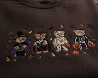 Halloween Teddy Bear Sweatshirt, Spooky Embroidered Crewneck, Haunted House Shirt, Vintage 90s Trick or Treat Crewneck, Pumpkin Lover Gift