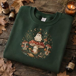 Halloween Ghost Mushroom Sweatshirt, Embroidered Witch Sweatshirt, Cute Fall Pullover, Cottagecore Halloween Gift, Spooky Season Sweater