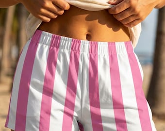 Rosa Weiß Gestreifte Baumwolle Spandex Shorts, Unisex Beach Lounge Wear