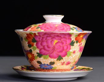 Juego de té Gaiwan de tres piezas pintado con esmalte, 150 ml.