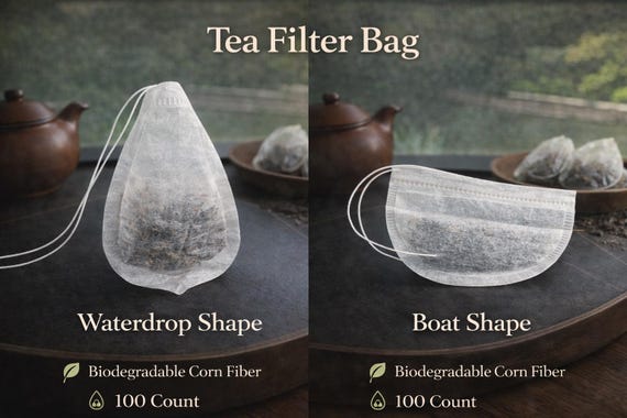 Biodegradable Corn Fiber Tea Filter Bags, Water Drop Shape, 100 Count