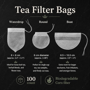 K&ouml;nnte beinhalten: Ein Set aus 100 biologisch abbaubaren Tee-Filterbeuteln aus Maisfaser in drei Formen: Wassertropfen, rund und bootf&ouml;rmig. Der tropfenf&ouml;rmige Beutel misst 6 x 8 cm, der runde 6 cm im Durchmesser und der bootf&ouml;rmige 6,5 x 10,5 cm.