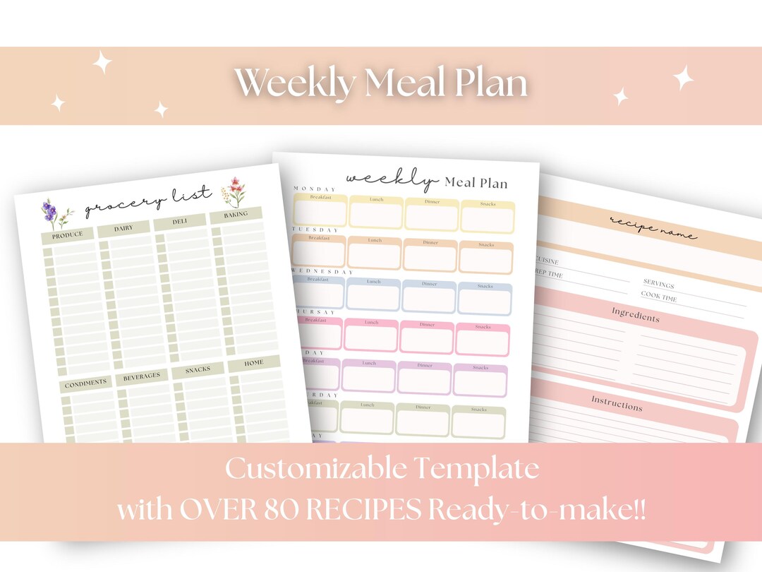 Weekly Meal Planner Template Customizable Recipe Book Grocery List ...