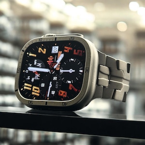 Könnte beinhalten: Eine moderne Smartwatch mit Metallarmband und quadratischem Zifferblatt. Das Zifferblatt zeigt Uhrzeit, Datum und andere Metriken in Orange und Weiß auf schwarzem Hintergrund an. Die Uhr wird auf einer schwarzen Oberfläche präsentiert.