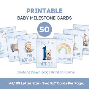 Printable Baby Milestone Cards - Blue Teddy Bear Watercolor, 50 5x7 Cards, Baby Shower Gift, Instant Download