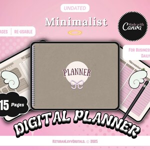 May include: A digital planner with a minimalist design, featuring the word "PLANNER" in a circle with a bow. The image includes the text "PRINTABLE PAGES" and "RE-USABLE". The planner is designed for business startup and daily use.