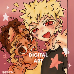 Könnte beinhalten: Digitale Kunstillustration mit einer blonden Figur mit stacheligen Haaren und roten Augen sowie einer braunhaarigen Figur mit lockigem Haar, die beide mit klauenartigen Händen posieren. Der Text DIGITAL ART ist zentriert und ASPEN steht in der Ecke.