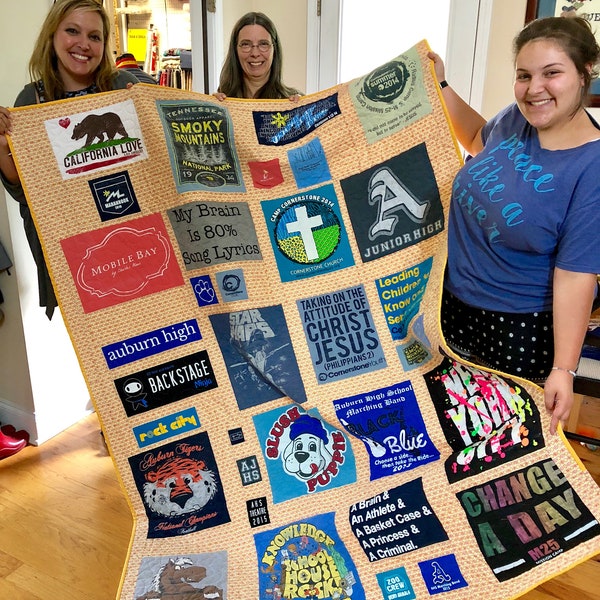 TShirt Quilt Custom Handmade with Your t-shirts, Embroidered Label, Memory, Mosaic, Blanket, Lap, Squares, or Any Size with Borders