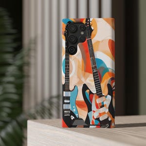 Artistieke telefoonhoes voor gitaar met kaarthouder | Uniek gitaarkunstwerk, cadeau muziekliefhebber, duurzaam telefoonaccessoire, kleurrijk mobiel hoesje,