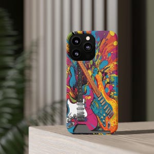Kleurrijk telefoonhoesje gitaar met kaarthouder, cadeau muziekliefhebber, levendig mobiel accessoire, rock-'n-roll-trend, perfect voor vakantie
