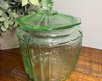 Bright Green Carnival Glass Mayfair Rose Square Biscuit Jar with Lid Vintage Storage Container