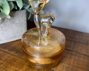 Vintage Jeanette Marigold Fawn Powder Dish - Iridescent Carnival Glass Deer Trinket Bowl Mid-Century Antique