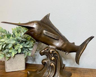 Vintage Brass Marlin Sculpture: Mid-Century Nautical Decor