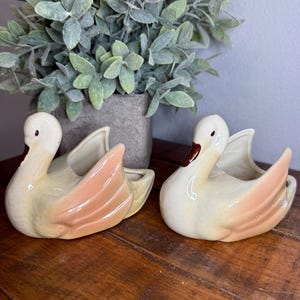 以下が含まれることがあります： クリーム色の体とピーチ色の羽を持つ2つのセラミック白鳥の置物。 白鳥は赤いクチバシをしており、木製の表面に置かれています。 背景には緑の葉を持つ鉢植えの植物があります。