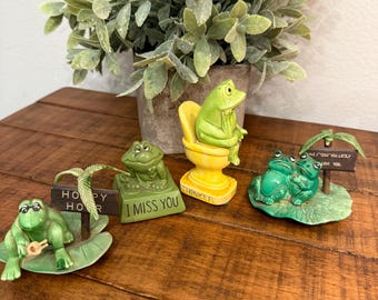 Vintage Whimsical Frog Figurines: Retro Miniature Amphibian Collectibles for Thinkers & Lovers