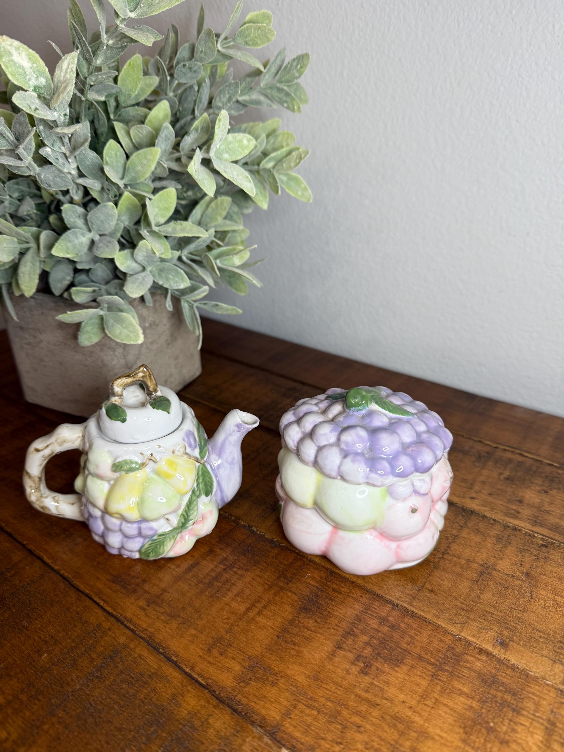 Vintage Miniature Ceramic Creamer & Sugar Set with Grape Design - Charming Tea Time Kitchen Decor