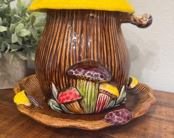 Vintage Mid-Century Mushroom Soup Tureen Set: Ladle, Platter, California Pottery Kitchen Decor