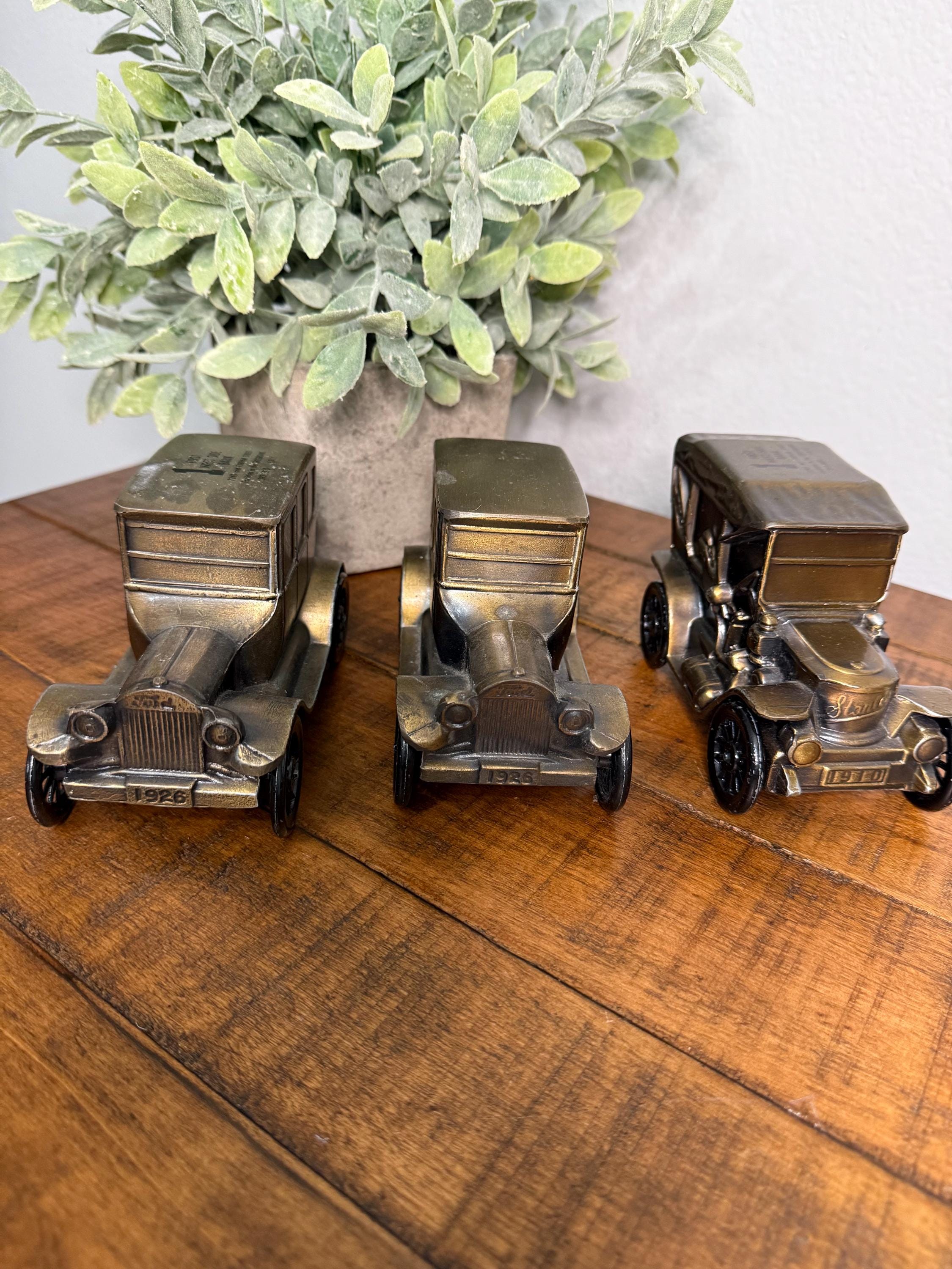 Vintage Brass Ford Model-t & Stagecoach Piggy Bank Set - Mid