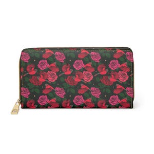 Cartera de rosas y pájaros para mujer, cartera con cremallera, cartera con cremallera, cartera para mujer, cartera larga, monedero de cuero vegano, regalo para ella
