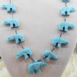 Turquoise Aspen Bear & Heishi Shell Carved Fetish Necklace