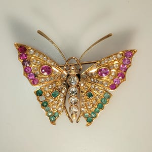 Vintage 1890s Butterfly Pin -- 14kt Gold, Rubies, Emeralds, Diamonds -- MOVABLE WINGS