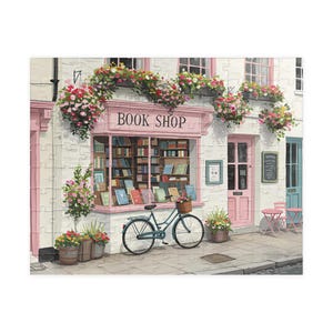 Cozy Book Shop Puzzle, Jigsaw Puzzle for Book Lovers, Pink Bookshop Puzzle, Relaxing Activity Gift, Home Decor, Storefront Puzzle