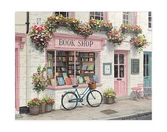 Cozy Book Shop Puzzle, Jigsaw Puzzle for Book Lovers, Pink Bookshop Puzzle, Relaxing Activity Gift, Home Decor, Storefront Puzzle