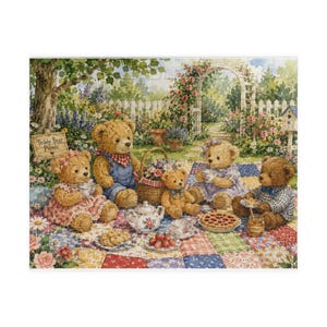 May include: A jigsaw puzzle illustration depicting four teddy bears having a picnic on a colorful patchwork quilt. The scene includes a wicker basket, a floral teapot, a plate of cookies, a berry pie, and a jar of honey, set in a garden.