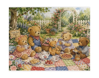 Teddy Bear Picnic Puzzle, Garden Scene Jigsaw Puzzle, Cozy Cottagecore Art