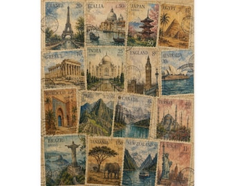 Vintage Travel Stamps Puzzle | Retro World Landmarks Jigsaw