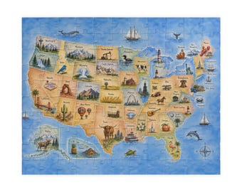 United States Map Puzzle, 50 State Illustrated Jigsaw, Educational USA Map Art