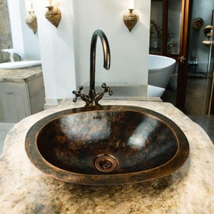 Handmade Oil Rubbed Bronze Bathroom Sink, Oval Patina Brass Handcrafted Drop in Sink