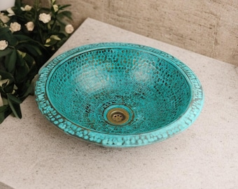 Oxidized Copper Drop in Bathroom Sink, Rustic Green Patina Drop in Sink, Farmhouse Rustic Copper Bathroom & Kitchen Sink