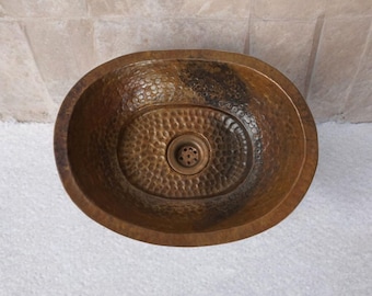 Aged Copper Vessel sink Bathroom, Hammered Oval Bathroom Sink, Copper Handcrafted Vessel Bathroom Sink