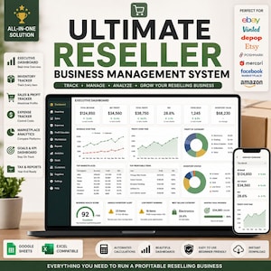 May include: A digital business management system for resellers displayed on a laptop and smartphone screen. The interface features an executive dashboard with revenue, profit, and inventory data, alongside icons for Google Sheets and Excel compatibility.