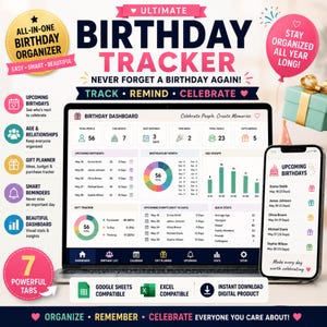 Pode incluir: Um rastreador de aniversários digital exibido na tela de um laptop e smartphone. A interface apresenta um painel com gráficos, rastreamento de presentes e listas de aniversários. O texto inclui Ultimate Birthday Tracker e Stay Organized All Year Long.