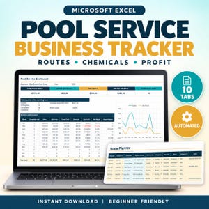 Puede incluir: Un rastreador de negocios de servicios de piscina en Microsoft Excel mostrado en la pantalla de una computadora portátil, con un panel de control de métricas financieras, una tabla de rendimiento mensual y un planificador de rutas con 10 pestañas.
