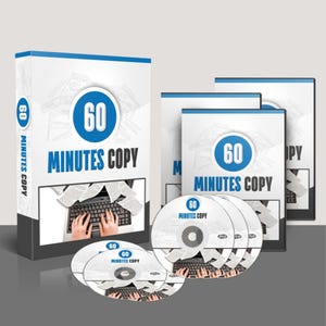 May include: A product box set and DVDs with the text "60 MINUTES COPY" in blue and white. The box and DVDs feature an image of hands typing on a keyboard with papers flying out. The product box is blue and white.