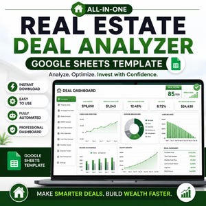 Può includere: Un modello Google Sheets per l'analisi di transazioni immobiliari visualizzato sullo schermo di un portatile. La dashboard presenta metriche finanziarie, tra cui flusso di cassa, tasso di capitalizzazione e reddito operativo netto.