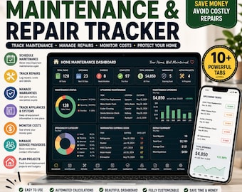 Op de afbeelding: Een digitale tracker voor woningonderhoud en reparaties, weergegeven op een laptopscherm en een smartphone. Het dashboard bevat grafieken, takenlijsten en financiële overzichten voor het beheren van projecten in een donkere interface.