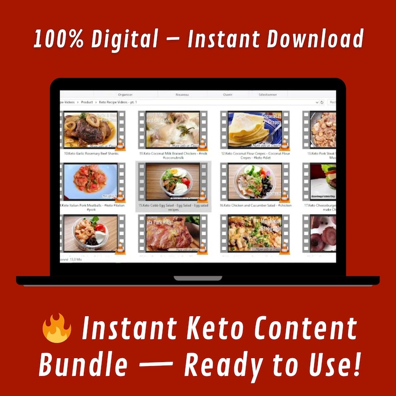 May include: A laptop screen displays a collection of keto recipe videos. The screen shows various food images, including meat dishes, salads, and crepes. Text at the top reads "100% Digital - Instant Download." Below, the text says "Instant Keto Content Bundle - Ready to Use!"