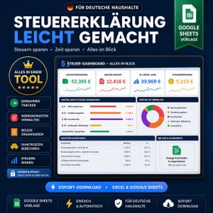 Könnte beinhalten: Eine digitale Steuer-Dashboard-Vorlage für Google Sheets mit dem Titel Steuererklärung Leicht Gemacht. Die Benutzeroberfläche zeigt Finanzdaten wie Gesamteinnahmen, Abzüge, zu versteuerndes Einkommen und Ersparnisse mit Diagrammen, Grafiken und Kategorien.