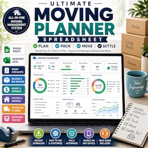 Può includere: Un foglio di calcolo digitale per la pianificazione di traslochi visualizzato sullo schermo di un portatile, con una dashboard che include grafici di avanzamento, tracker di budget ed elenchi di attività. L'interfaccia include sezioni per pianificare, imballare, traslocare e sistemarsi.