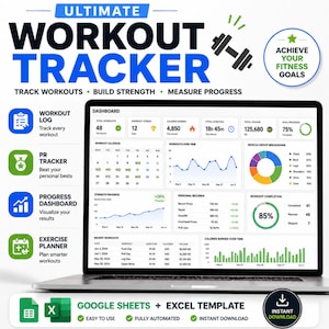 Kalkylblad för träningsrapportering, fitnessplanerare i Google Sheets och Excel, gymlogg, träningslogg, PR-spårare, framstegsöversikt, digital nedladdning