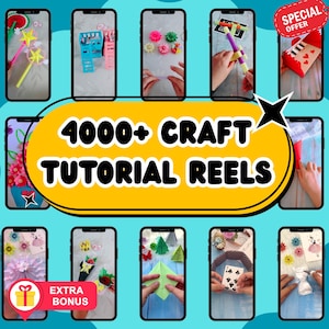 Puede incluir: Un collage de pantallas de teléfonos inteligentes que muestran tutoriales de manualidades. La imagen central presenta el texto "4000+ CRAFT TUTORIAL REELS" en amarillo y blanco. Se muestran varias manualidades, incluyendo flores de papel, origami y creación de tarjetas. También se muestra una "OFERTA ESPECIAL" y un "BONO EXTRA".