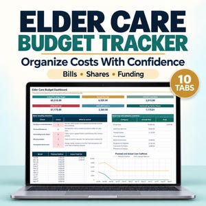 Pode incluir: Uma tela de laptop exibindo um painel Elder Care Budget Tracker com tabelas para metas de financiamento, saldos de contas e categorias de cuidados. O texto diz Elder Care Budget Tracker, Organize Costs With Confidence, Bills, Shares, Funding e 10 Tabs.