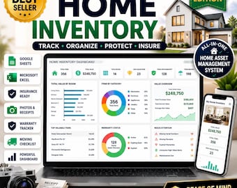 Op de afbeelding: Een digitaal inventarissysteem voor woningen voor 2026, weergegeven op een laptop en smartphone. Het dashboard bevat grafieken, itemaantallen en financiële overzichten. Iconen vertegenwoordigen functies zoals Google Sheets, Excel en verzekeringen.