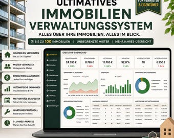 Op de afbeelding: Een digitaal vastgoedbeheersysteem op een laptopscherm, met een executive dashboard met financiële grafieken, vastgoedlijsten en huurgegevens. De interface bevat Duitse tekst, iconen voor vastgoedtaken en een houten huismodel.