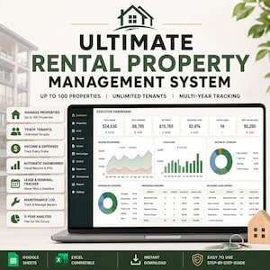 May include: A digital rental property management system displayed on a laptop screen, featuring an executive dashboard with financial charts, property overviews, and lease tracking. The interface includes text labels for managing properties, tenants, and expenses.