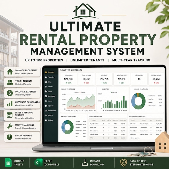 Rental Property Management Spreadsheet Google Sheets Excel Landlord Tracker Income Expense Tenant Lease Dashboard Digital Download